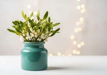 Festive holiday centerpiece featuring fresh green mistletoe sprigs adorned with bright white berries against a blurred seasonal background, traditional., sprig, ornament