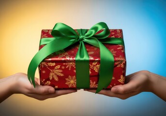Generous hands presenting a beautifully wrapped holiday gift box, symbolizing giving and the spirit of joyful charity during the winter season, anticipation, ribbon, festive
