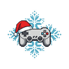 Christmas holiday pixel art illustration featuring a video game controller wearing a Santa hat with a snowflake background.