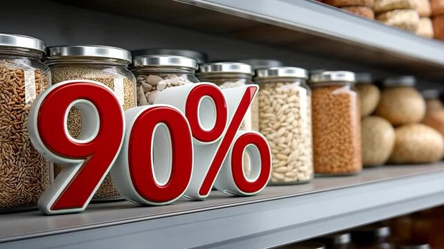 Items on store shelf showing 90 percent off, showcasing various grains and jars in a well-organized grocery store setting