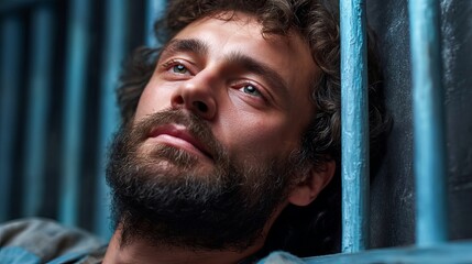 Close-up of a pensive Caucasian man in a prison setting, expressing deep thoughts with a somber gaze through bars.
