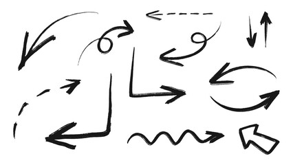 Hand-drawn black arrows collection with various directional styles on transparent background. For presentations, infographics, diagrams, flow charts, instructional materials. PNG. Curved, straight.