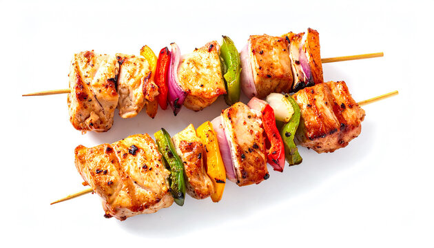 Grilled Chicken Skewers with Vegetables on White Background Close-Up