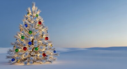 Snow-covered pine tree decorated with twinkling lights and colorful ornaments in a cold winter landscape, evoking seasonal joy and holiday spirit, twinkle, outdoors, chilly