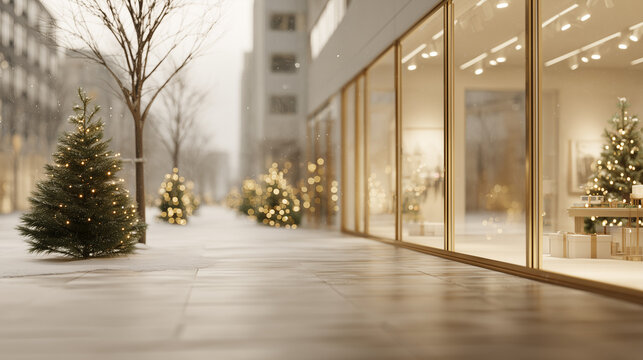Charming winter street scene with decorated Christmas trees, festive lights, and holiday ambiance, perfect for seasonal marketing and promotions.
