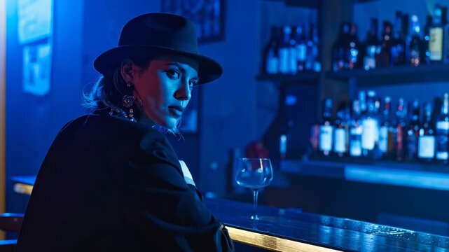 Secret Agent or Detective Watching Intently from Bar Corner, Mysterious Woman in Hat in Noir Cinematic Blue and Red Light