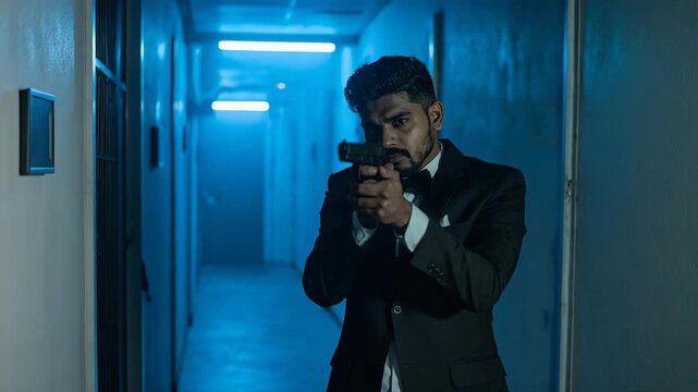 Secret agent in a tuxedo aiming a silenced pistol in a dark, blue-lit corridor.