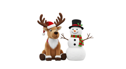 Cute reindeer and snowman christmas decorations isolated on transparent background