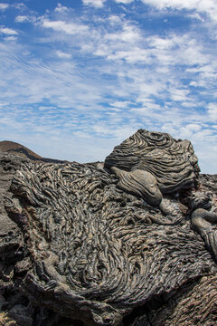 ahoehoe Lava Formation in Galapagos Islands - Rope Lava Texture on Volcanic Island Ecuador with Blue Sky