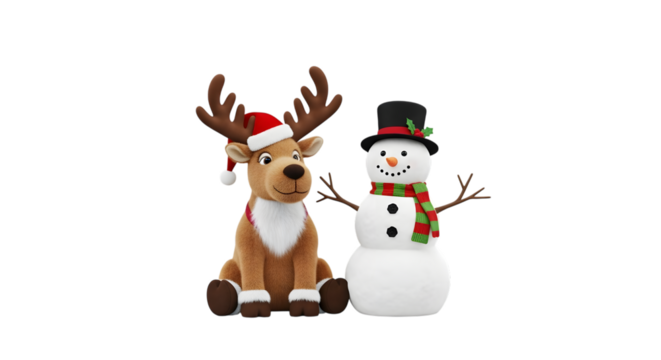Cute reindeer and snowman christmas decorations isolated on transparent background