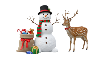 Christmas snowman and reindeer with gifts isolated on transparent background