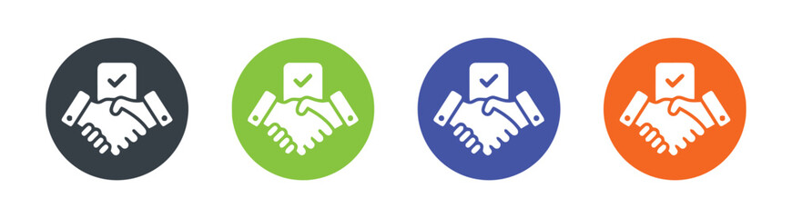 handshake, agreement, deal, partnership, business, icon, symbol, collaboration, trust, success, contract, meeting, connection, graphic, design, set, collection, dark grey, green, blue, orange, white b