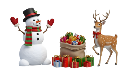 Christmas snowman reindeer and gift bag isolated on transparent background