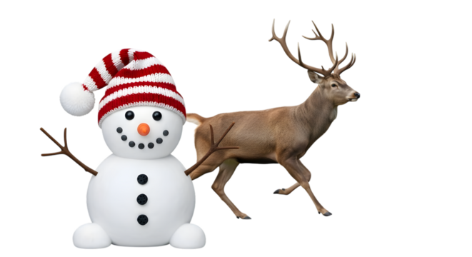 Cute snowman and deer isolated on transparent background