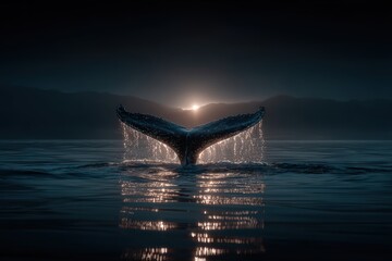 Whale tail breaking the ocean surface at sunset in a tranquil setting