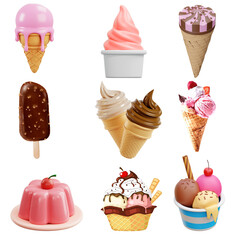3D Ice Cream and Dessert Icon Collection Stylized Summer Treats Render Set
