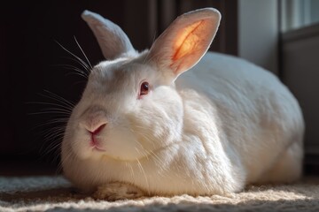 Obraz premium White rabbit resting with clean fur in bright light indoors