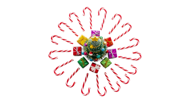 Christmas candy cane arrangement with gifts isolated on transparent background