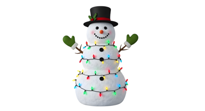 Inflatable snowman with colorful lights isolated on transparent background