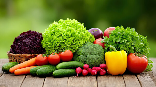 Fresh assortment of vibrant vegetables and greens, including lettuce, tomatoes, cucumbers, and peppers, arranged beautifully on a wooden table, showcasing healthy eating and organic produce