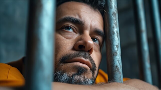 A contemplative Hispanic man gazes through prison bars, evoking a sense of longing and reflection.