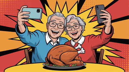 Elderly couple taking selfies with turkey on table bright pop art vector style