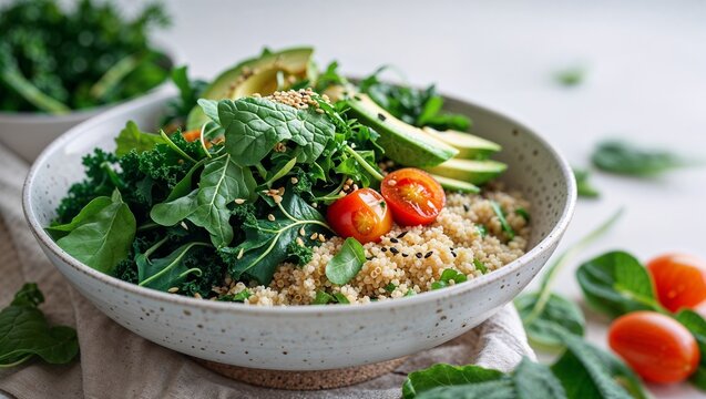 Fresh quinoa salad with greens and cherry tomatoes in a simple bowl - Powered by Adobe