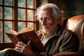 Elderly man enjoys reading a book by a sunny window in a cozy setting