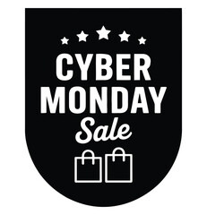 Obraz premium Cyber Monday SALE black shield graphic with white stars, bold and cursive text, and shopping bag icons, ecommerce design for online deals 