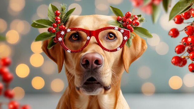 Cute labrador dog wearing red festive glasses decorated with holly leaves and berries against a soft bokeh background. Playful Christmas portrait concept.