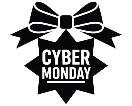 Cyber Monday bold black text in starburst shape with bow accent on white background, minimalist promotional design for online sales