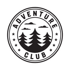 Vintage adventure club emblem with trees and mountains