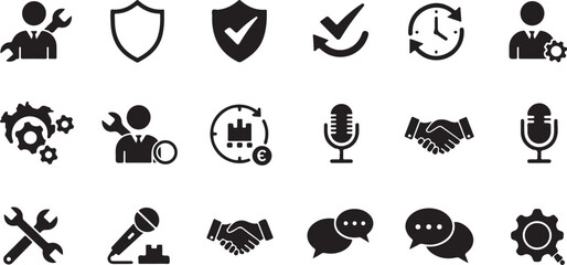 Set of black and white icons representing support, service, communication, and business collaboration concepts