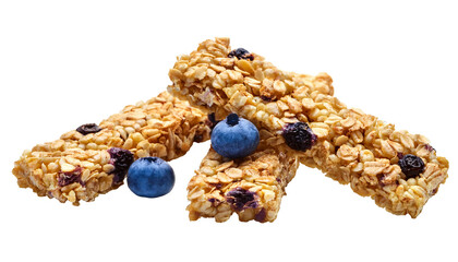 Cereal energy bars with blueberries falling on transparent background