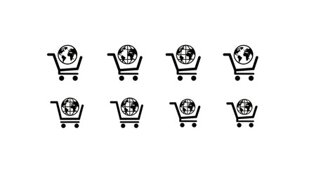 Global shopping carts with planet Earth icons symbolize worldwide e-commerce and international trade.