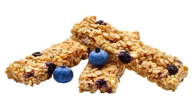 Cereal energy bars with blueberries falling on transparent background