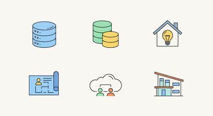 Collection of modern flat icons representing data, finance, smart home, planning, cloud computing, and architecture.