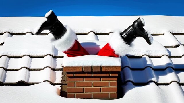 Funny santa stuck upside down in chimney on snowy roof under clear blue sky