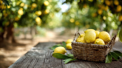 Basket of fresh lemons on wooden table with blurred orchard background, evoking sense of freshness