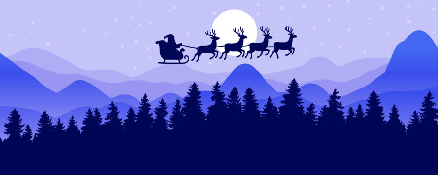 santa's sleigh flying over a winter wonderland with a full moon and twinkling stars. - Powered by Adobe