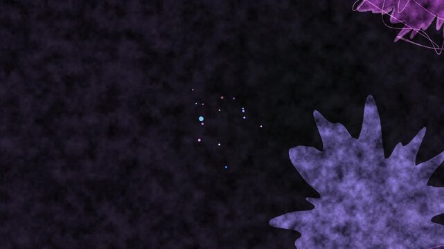 Abstract dark background with scattered colorful dots and faint floral elements on the right side