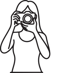 Line art illustration of a girl taking a photograph with a camera
