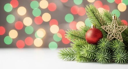 Classic holiday backdrop featuring vibrant green evergreen needles dusted with frost and adorned with sparkling festive ornaments, ready for winter celebration, joy, tree, crisp