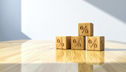 Wooden Percentage Cubes on Reflective Table in Bright Light