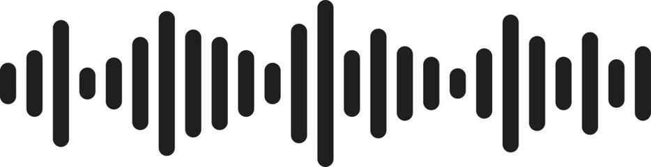 Black sound wave equalizer icon isolated on white background, minimalist audio waveform design representing rhythm, music frequency, and digital sound visualization concept.