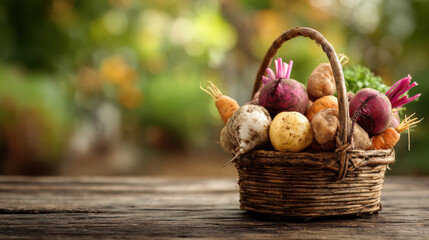 Root vegetable basket wooden table rustic harvest autumn organic fresh farm garden joy fills scene with earthy color and texture