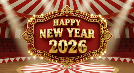 Festive happy new year 2026 celebration stage with lights and decorative frame for events