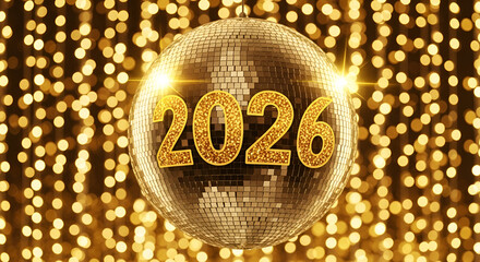Happy new year beautiful 2026 golden disco ball with bokeh lights close up zoom in