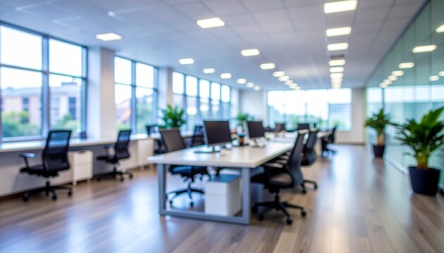 ソフトフォーカス　ぼやけたオフィスの背景画像　白色基調のモダンなオフィス