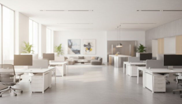 ソフトフォーカス　ぼやけたオフィスの背景画像　白色基調のモダンなオフィス